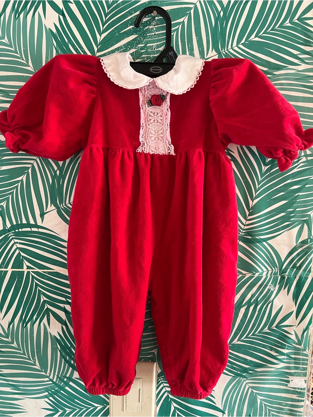 Vintage Baby Dior Red Velvet Romper Onsie w/Peter Pan Collar 6-9 months holidays